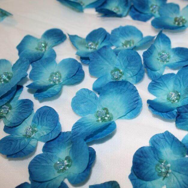 Beaded & Sequin 3D flowers on tulle - Bright blue